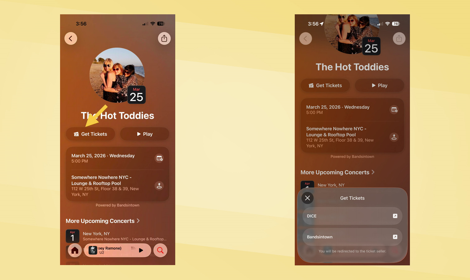 צילומי מסך של חיפוש קונצרטים של iOS 26.4.
