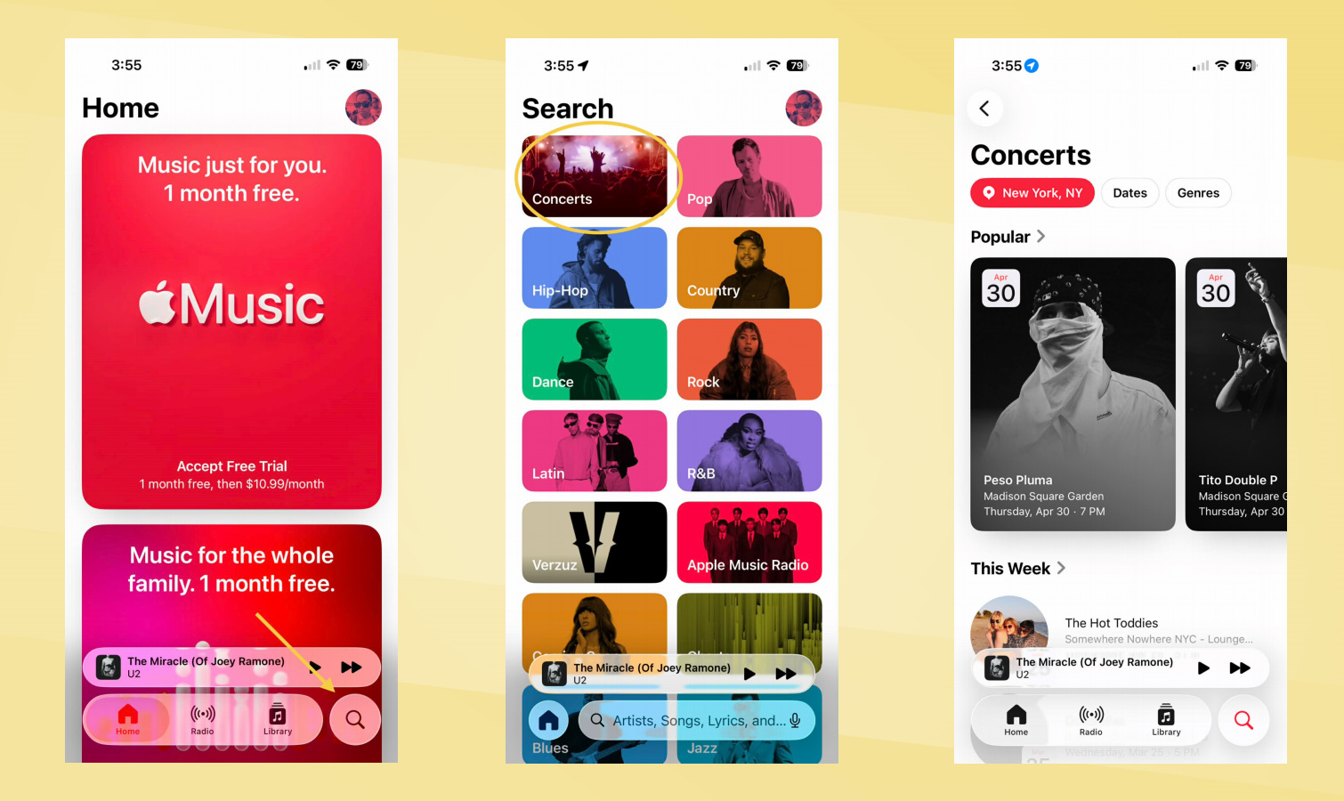 צילומי מסך של חיפוש קונצרטים של iOS 26.4.
