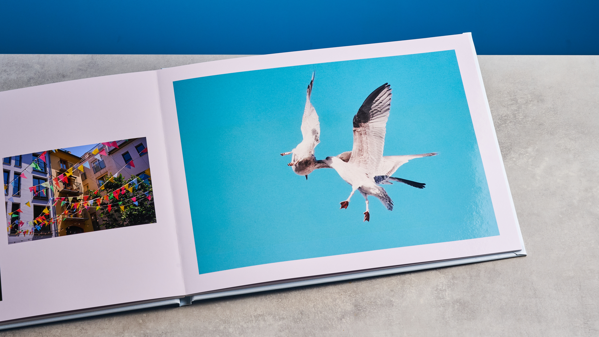 ספר צילומים של Popsa שצולם מול רקע כחול