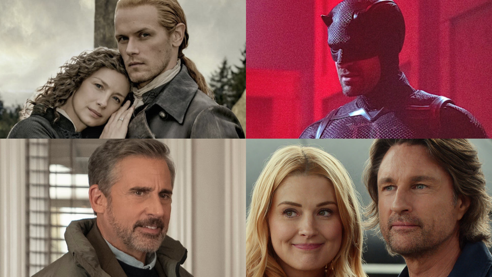 (בכיוון השעון משמאל למעלה) אאוטלנדר; דרדוויל: נולד מחדש; נהר וירג'ין; תַרְנְגוֹל