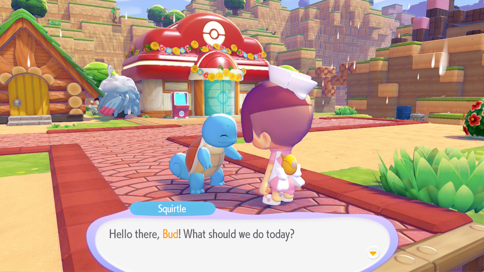 צילום מסך של Pok&eacute;mon Pokopia עם Squirtle ו-Tangrowth בשממות הקמלות כפי שצולם ב-Nintendo Switch 2