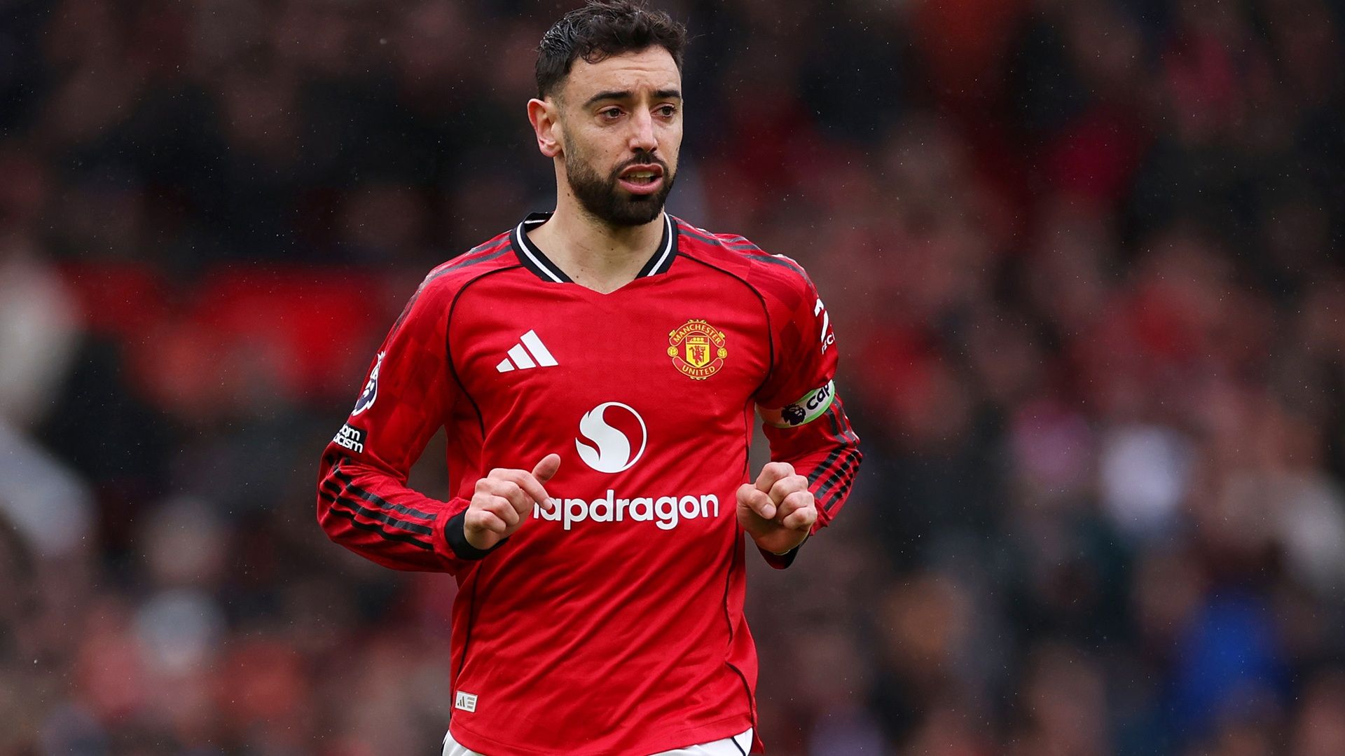 MANCHESTER, ENGLAND - MARCH 15: Bruno Fernandes of Manchester United looks on during the Premier League match between Manchester United and Aston Villa at Old Trafford on March 15, 2026 in Manchester, England. (Photo by Lewis Storey/Getty Images)