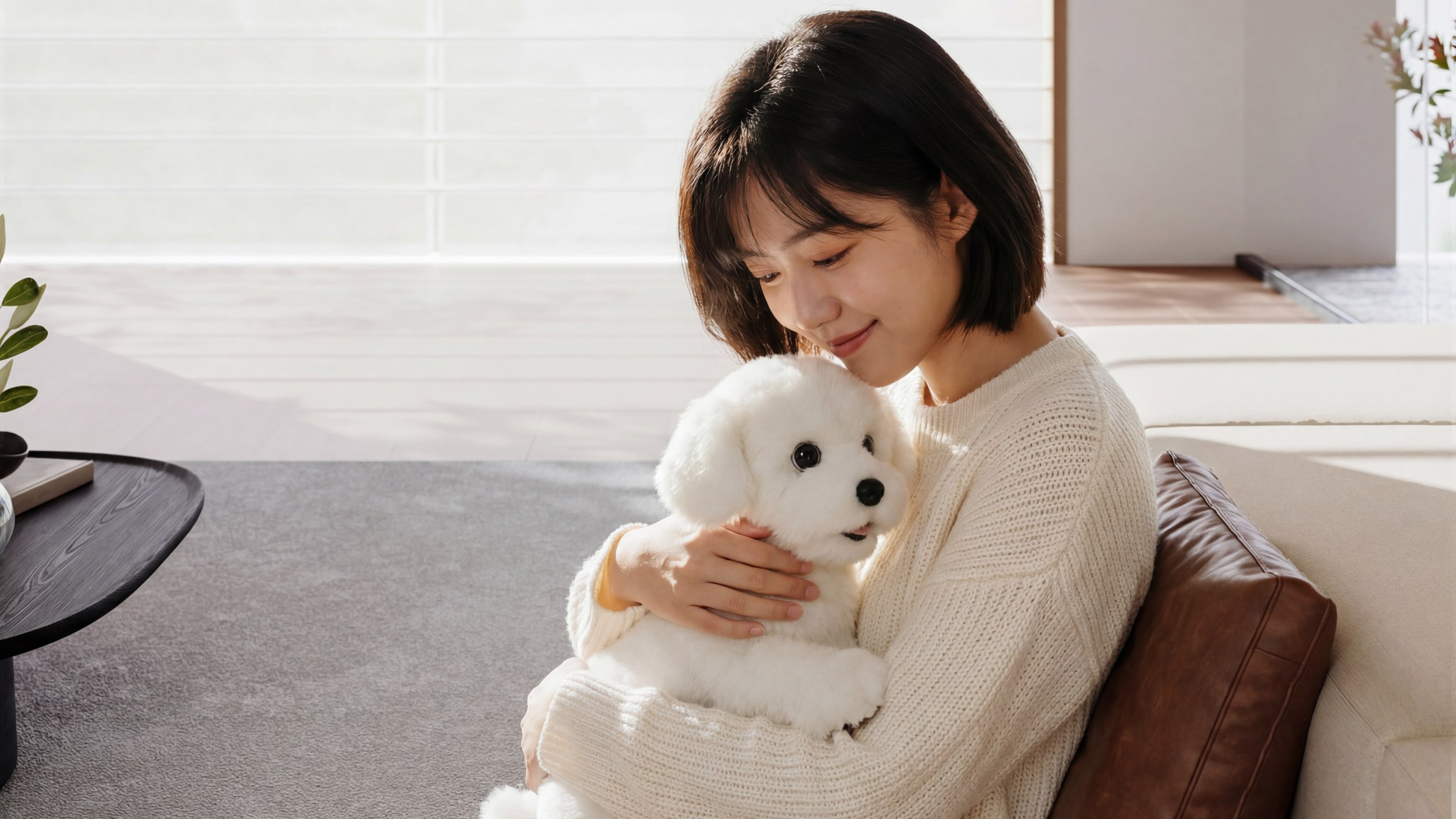 כלב רובוט LilMilo של Ecovacs עם אישה מחזיקה אותו באורח חיים