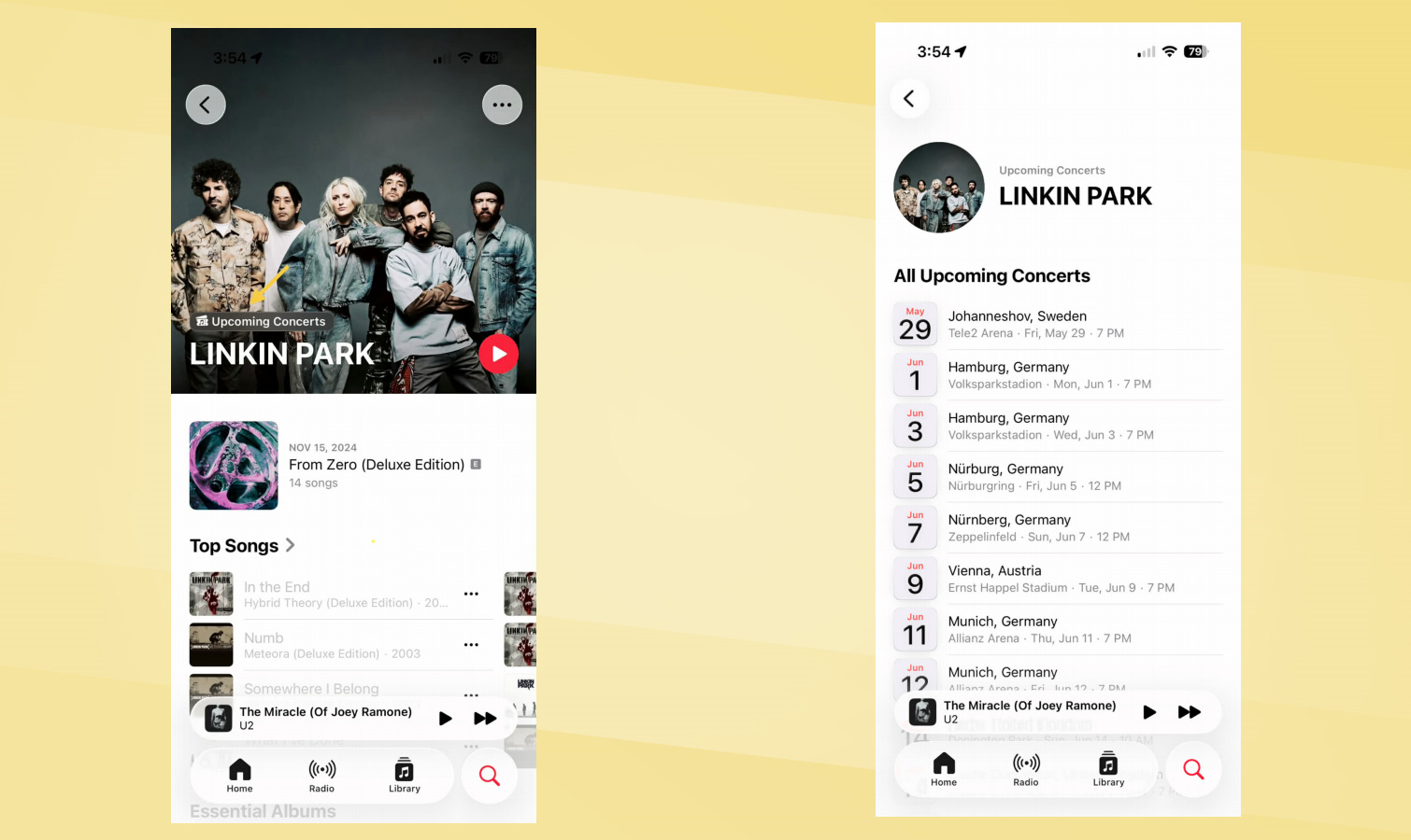 צילומי מסך של חיפוש קונצרטים של iOS 26.4.