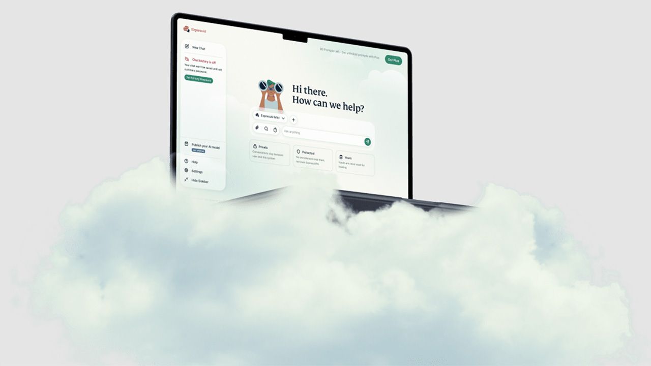 ExpressVPN graphic of a laptop resting on a cloud with ExpressAI open on the screen