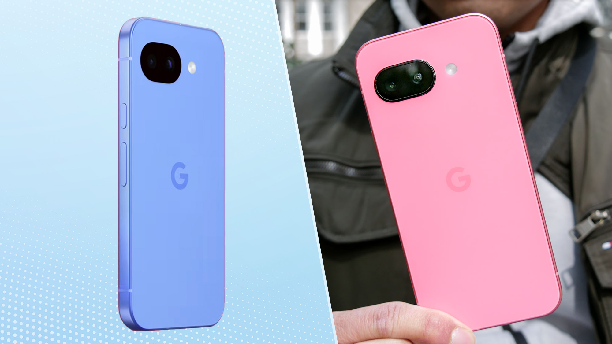 עיבוד רשמי של Google Pixel 10a בתמונה מפוצלת עם Pixel 9a