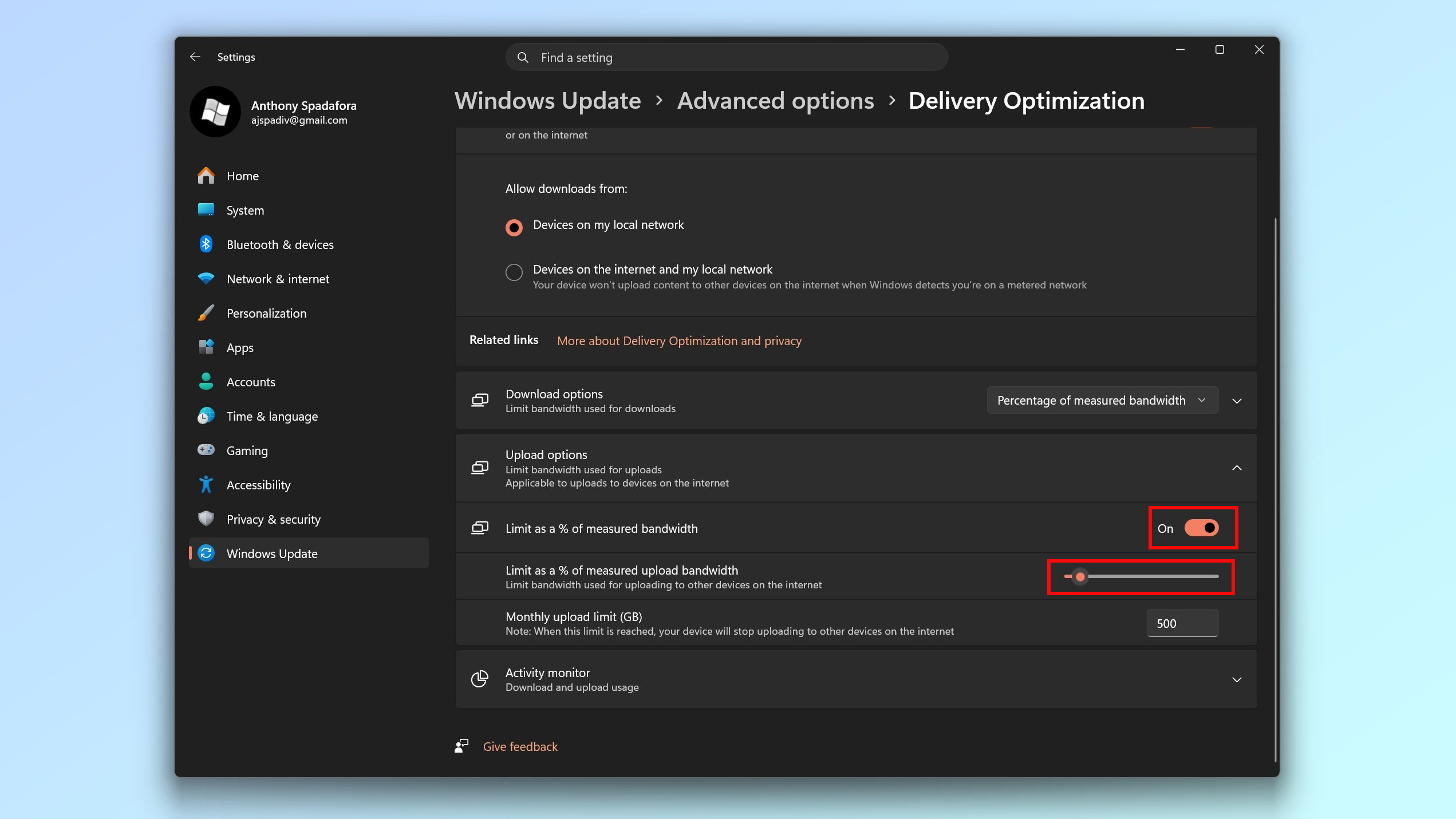 צילום מסך המראה כיצד להגביל העלאות ב-Delivery Optimization ב-Windows Update