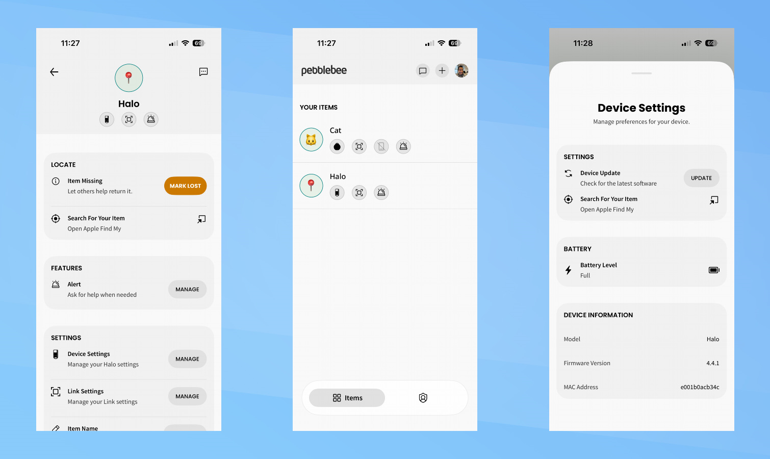 צילומי מסך של Pebblebee Halo.
