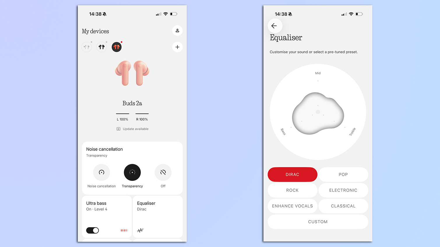 צילומי מסך מאפליקציית Nothing X המציגים את הקשר עם CMF Buds 2A