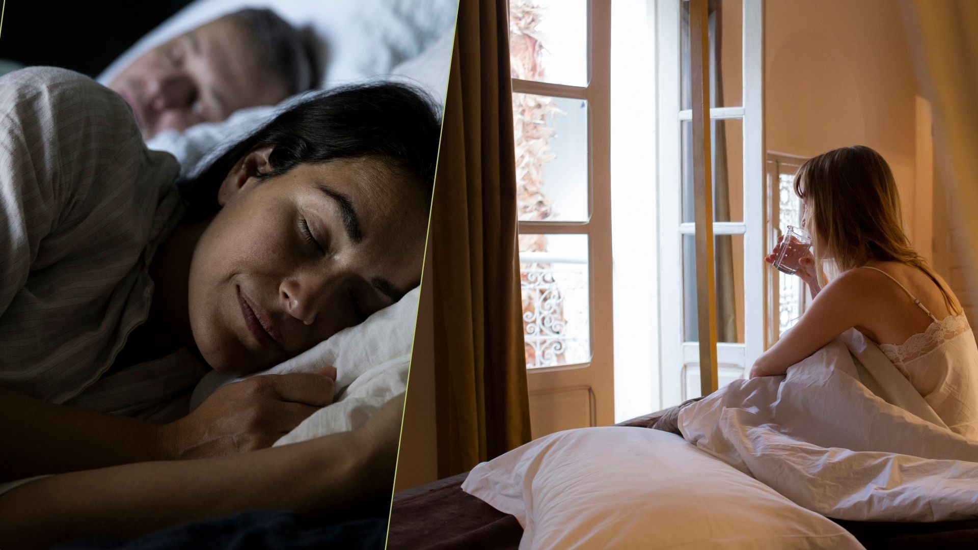 בתמונה המרוכבת נראה אישה כהת שיער ישנה בשלווה במיטה משמאל ואישה כהת שיער יושבת במיטה ושותה כוס קפה מול חלון פתוח