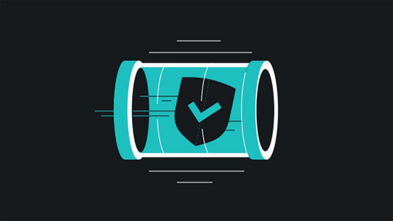 Blue Surfshark Dausos protocol graphic on a black background