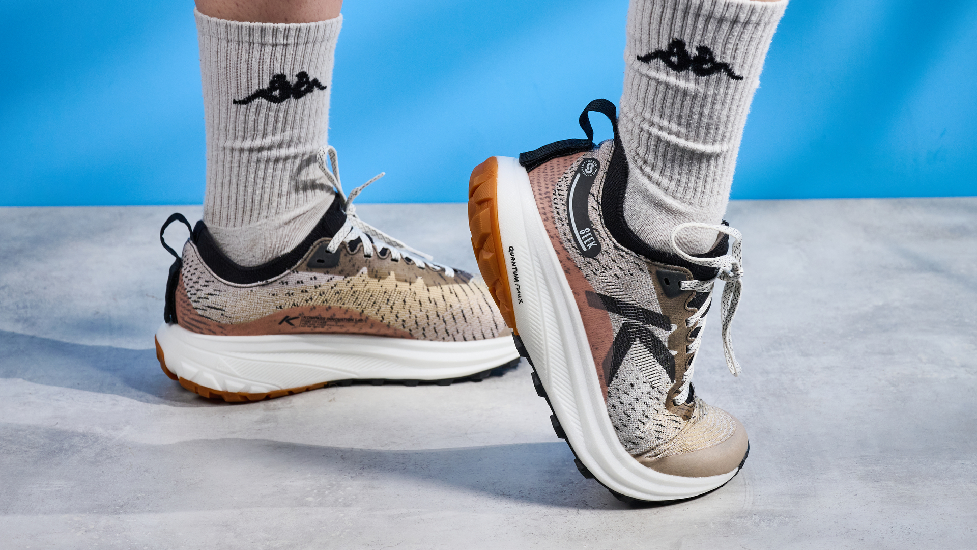 נעלי השביל החריפות בחום, שחור ובז' שצולמו על רקע המדריך הכחול של טום