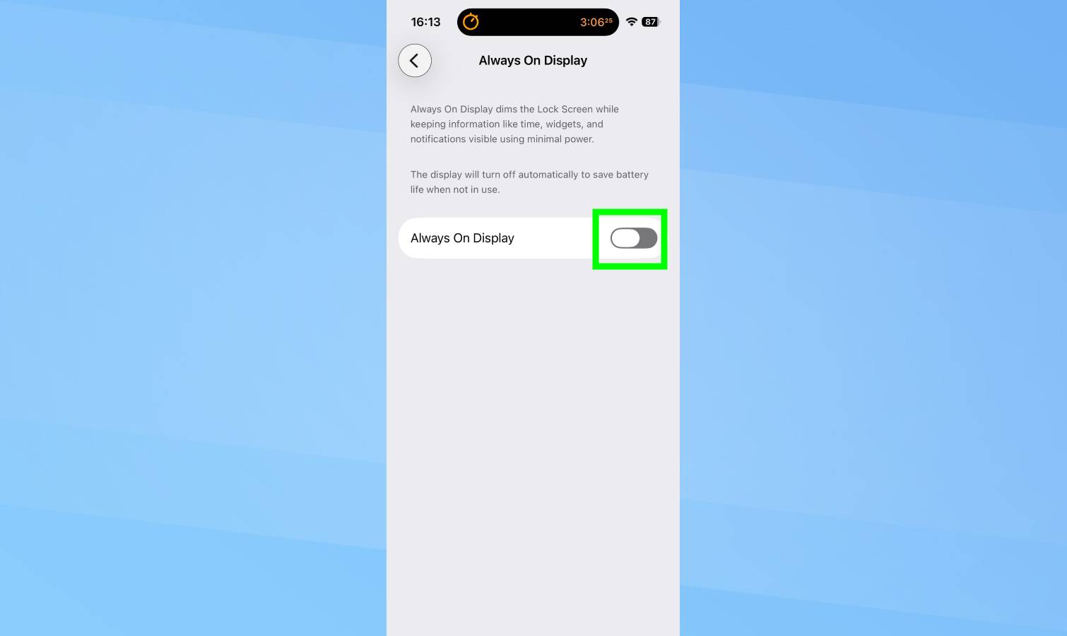 התצוגה המופעלת תמיד כבויה