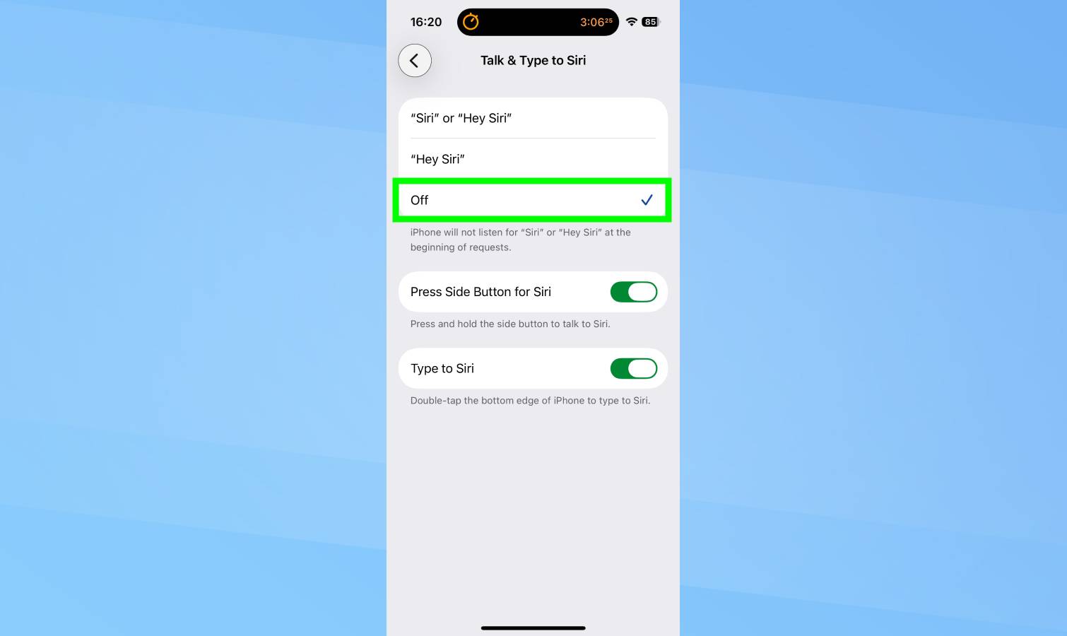 שיחה &amp; הקלד ל-Siri כבוי