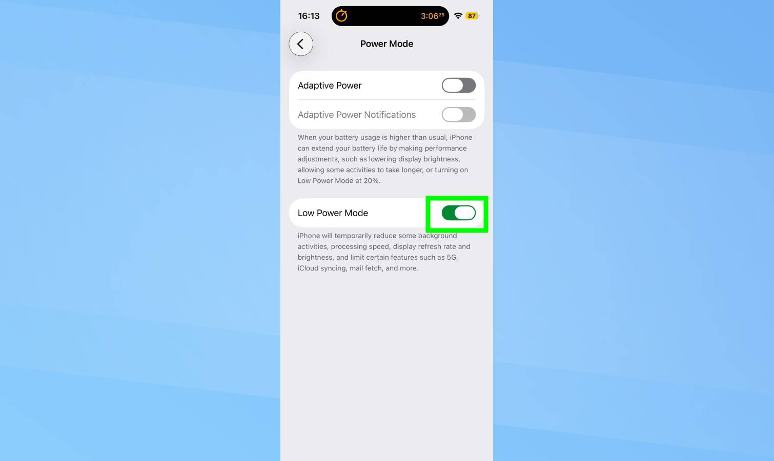 מצב צריכת חשמל נמוכה הופעל