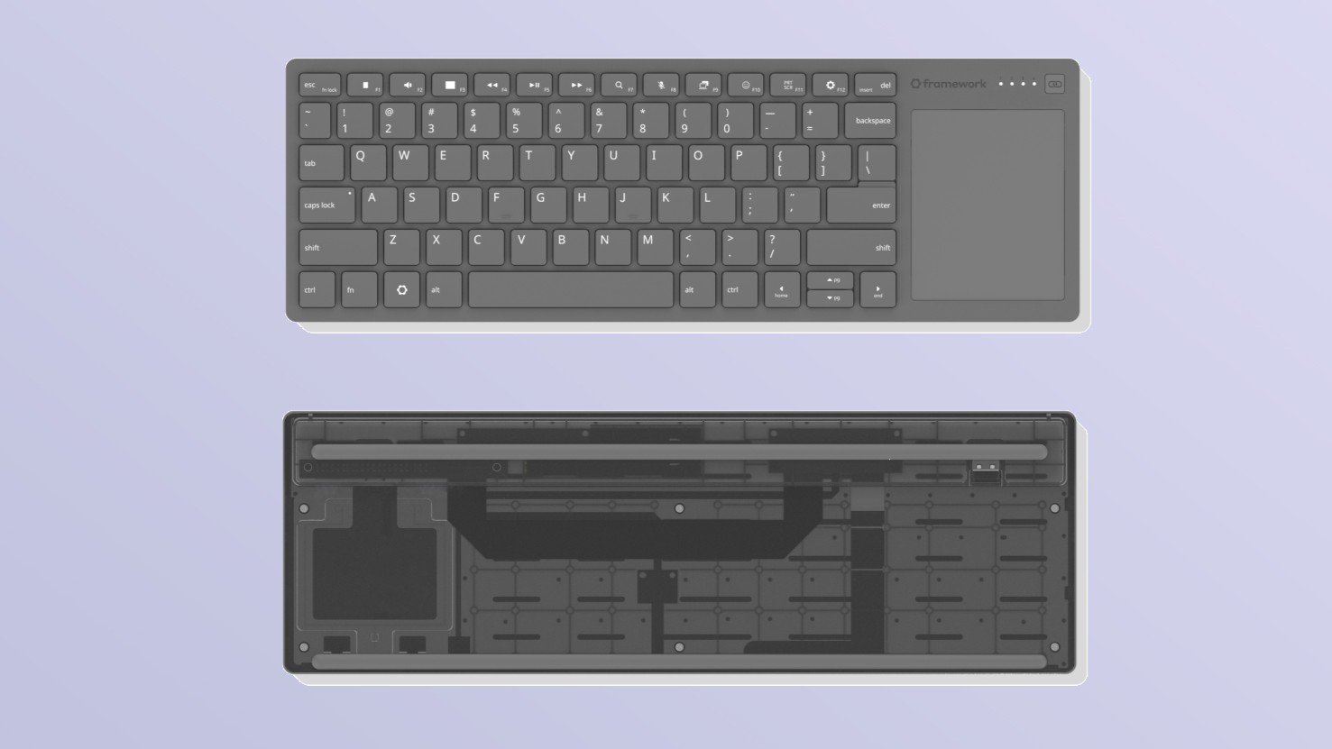 החלק הקדמי והאחורי של מקלדת לוח המגע האלחוטית Framework החדשה