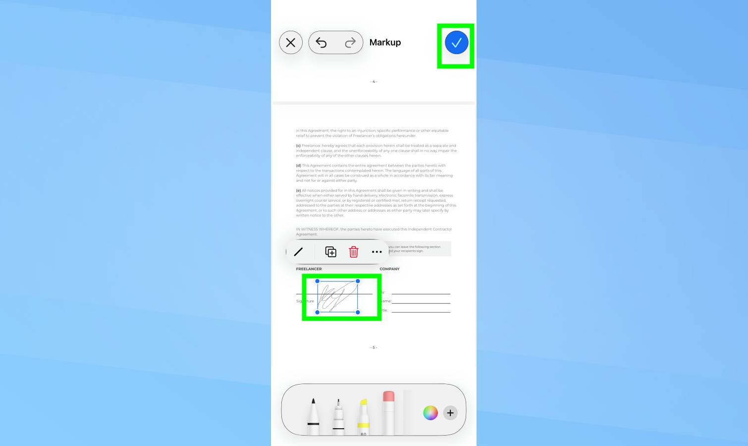 חתימה מודגשת ב-iPhone PDF