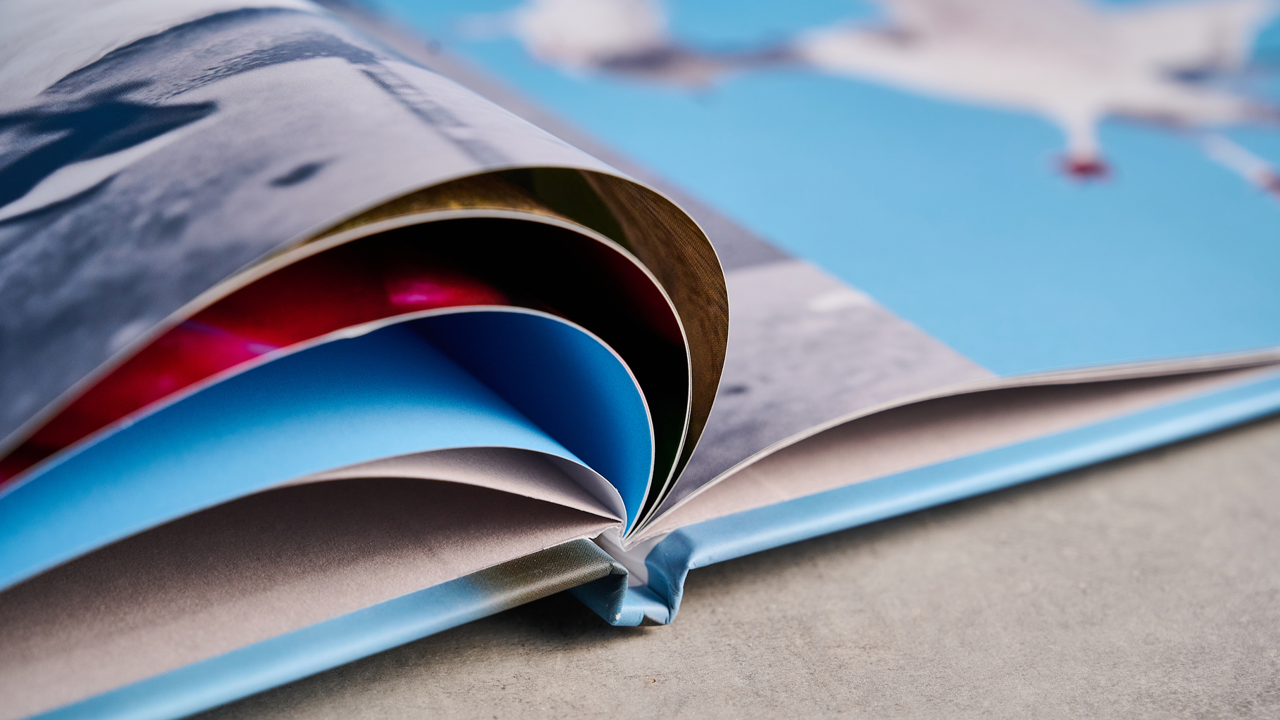 ספר תצלומים כפול שצולם על שולחן מול רקע כחול