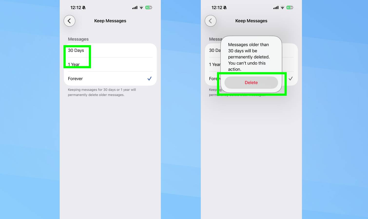 הגדרת מחיקה אוטומטית של הודעות באייפון