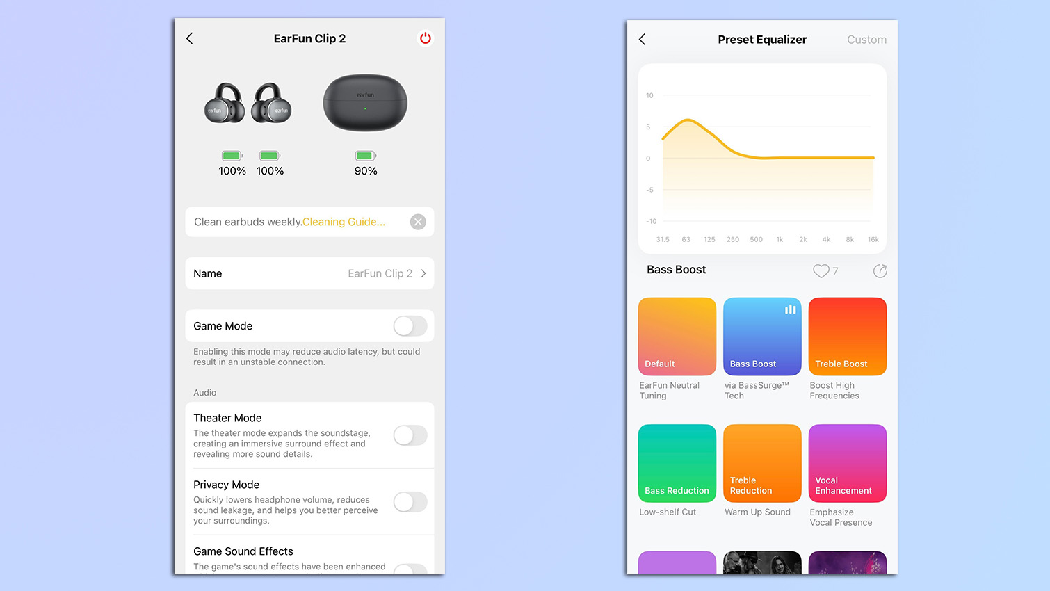 צילומי מסך מאפליקציית EarFun של הממשק והגדרות ה-EQ מראש