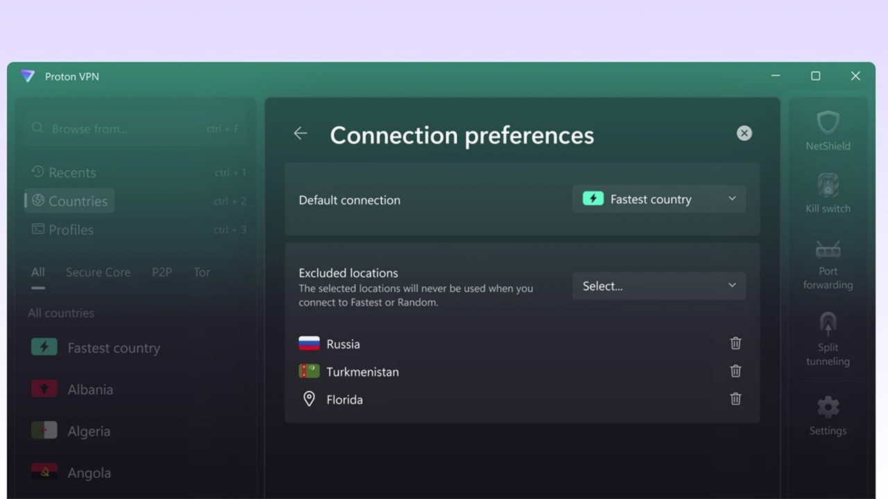 תמונת VPN של פרוטון המציגה את הגדרות העדפות החיבור באפליקציה