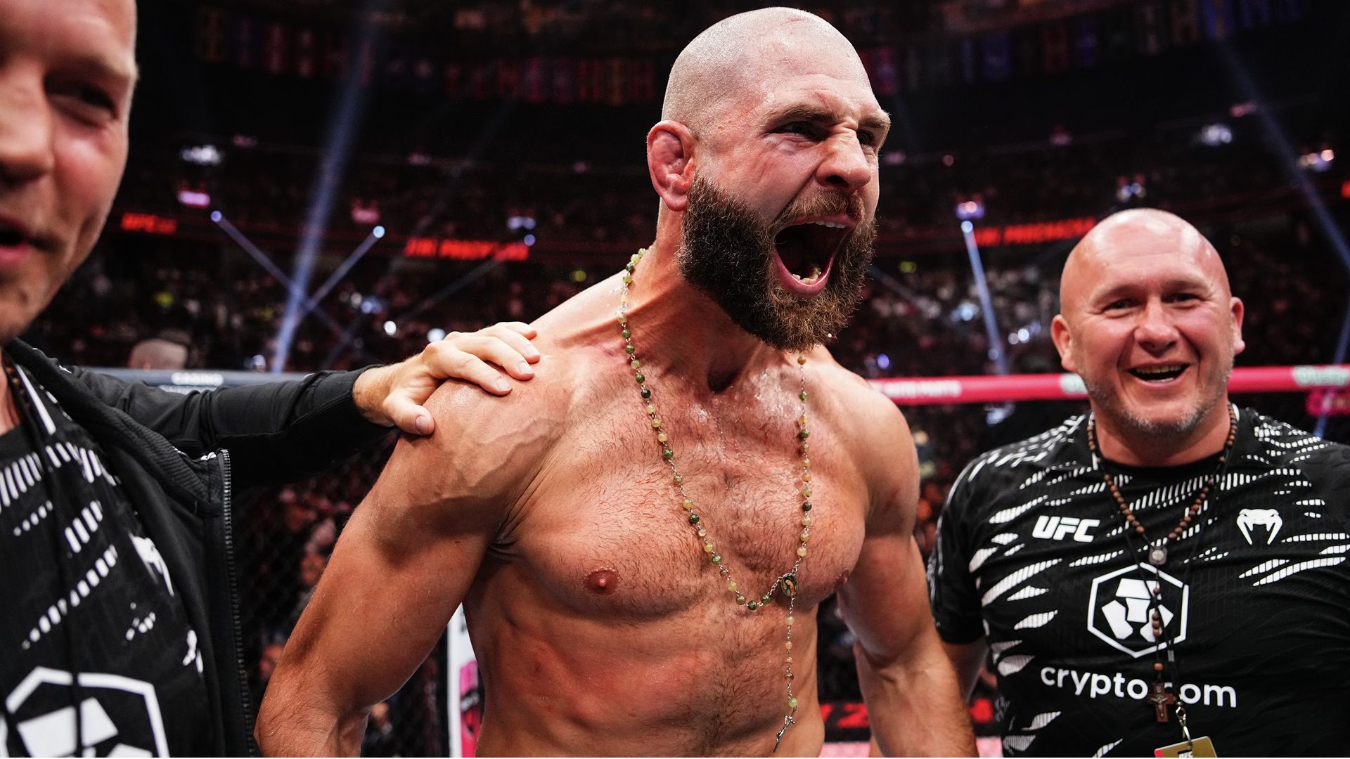 Jiri Prochazka of the Czech Republic reacts to his knockout of Khalil Rountree Jr. in a light heavyweight fight during the UFC 320 event at T-Mobile Arena on October 04, 2025 in Las Vegas, Nevada.
