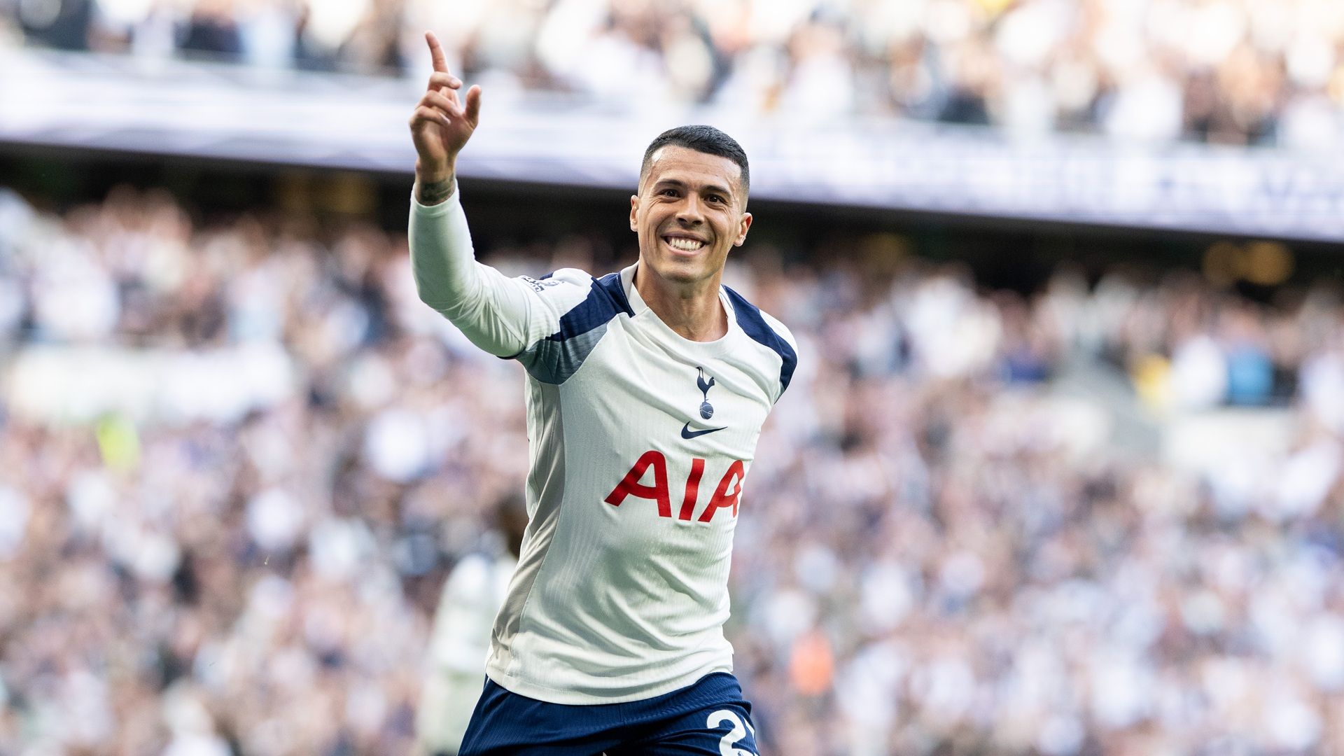 Pedro Porro of Tottenham Hotspur celebrates after scoring the opening goal during the Premier League match between Tottenham Hotspur and Brighton &amp; Hove Albion on April 18, 2026