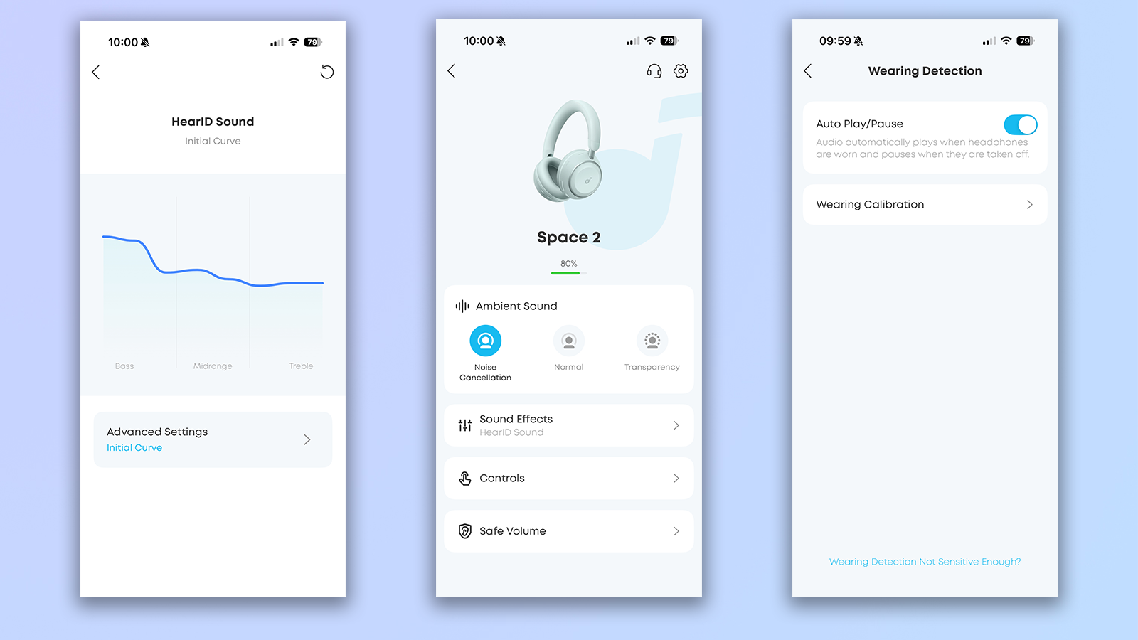 שלושה צילומי מסך מאפליקציית הסאונדקור המציגים אפשרויות התאמה אישית עם אוזניות Soundcore Space 2