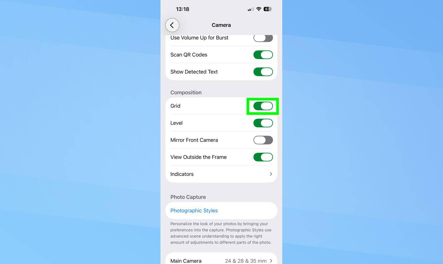 רשת מודגשת בהגדרות מצלמת iPhone