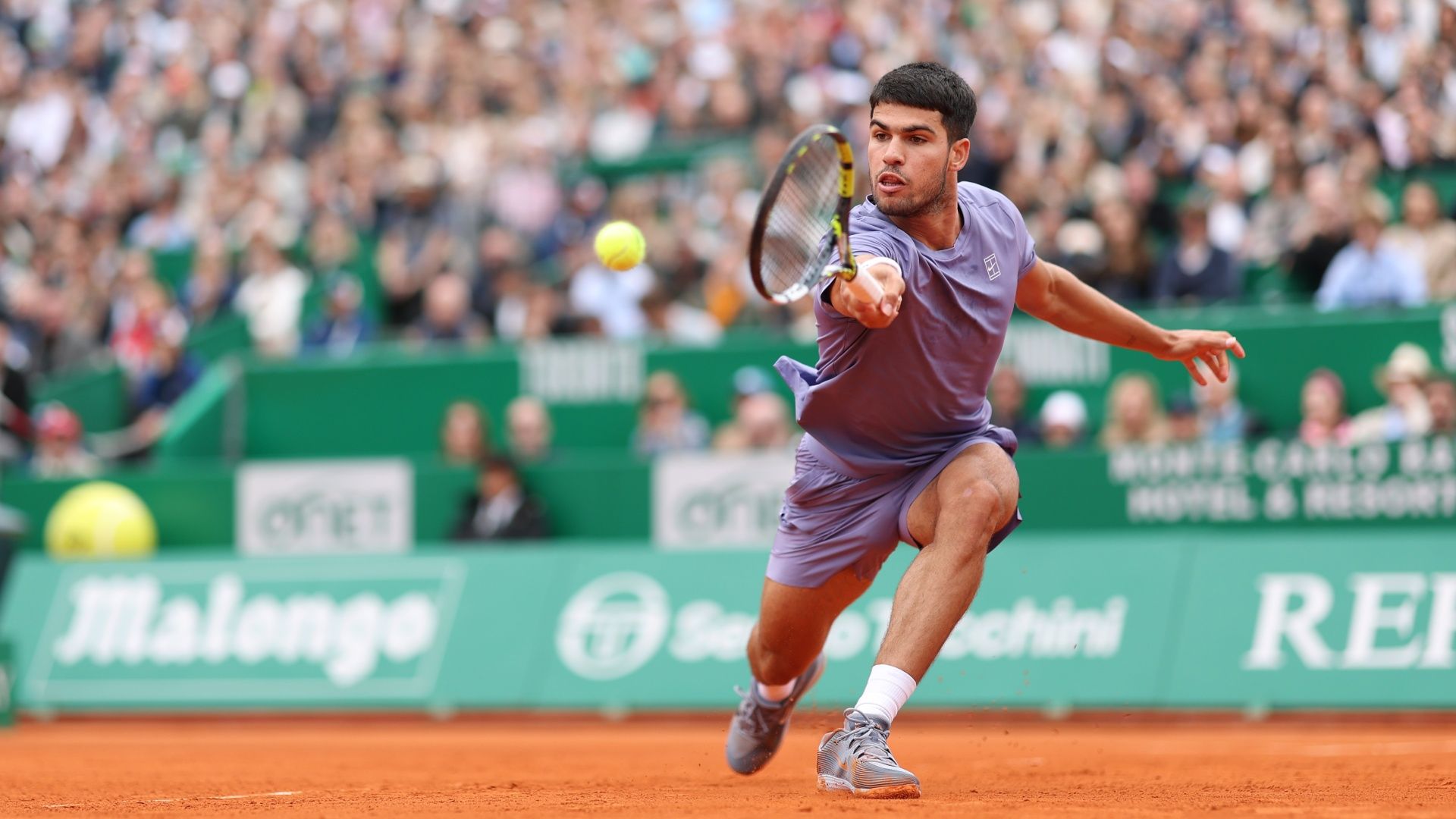 Carlos Alcaraz playing a shot during the final of the Monte-Carlo Masters at Monte-Carlo Country Club on April 13, 2025