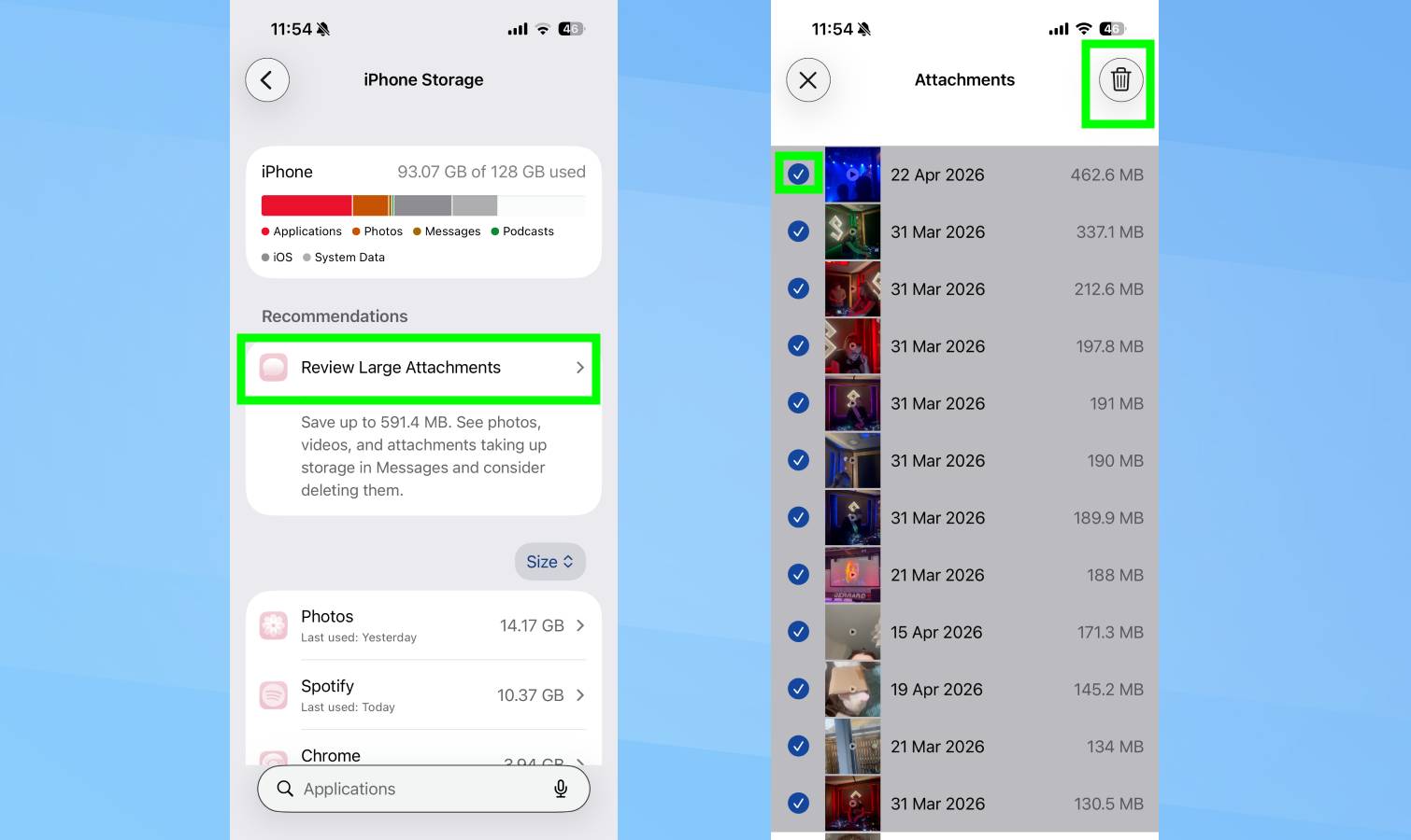 סקירה ומחיקה של קבצים מצורפים באחסון iPhone