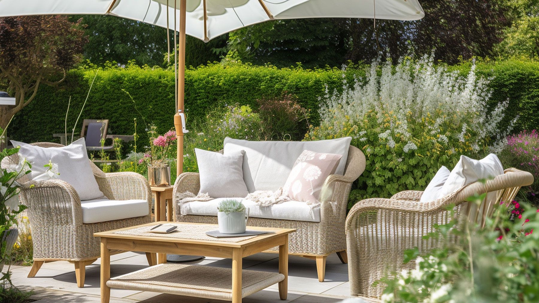 Patio area with comfortable seating and parasol