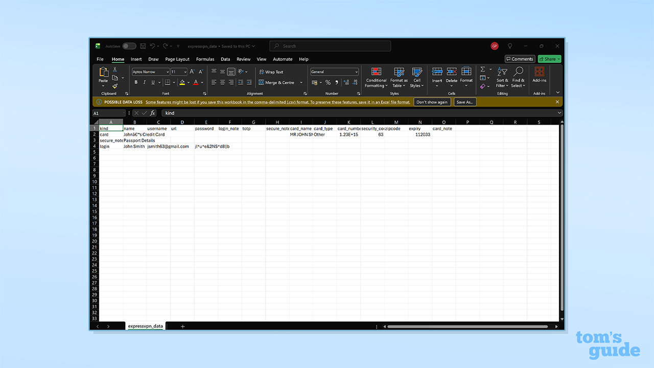 צילום מסך של קובץ CSV ExpressKeys
