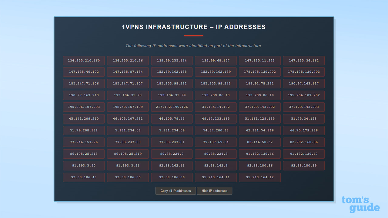 צילום מסך של 65 כתובות ה-IP firstVPNservice שנתפסו במהלך הפעולה