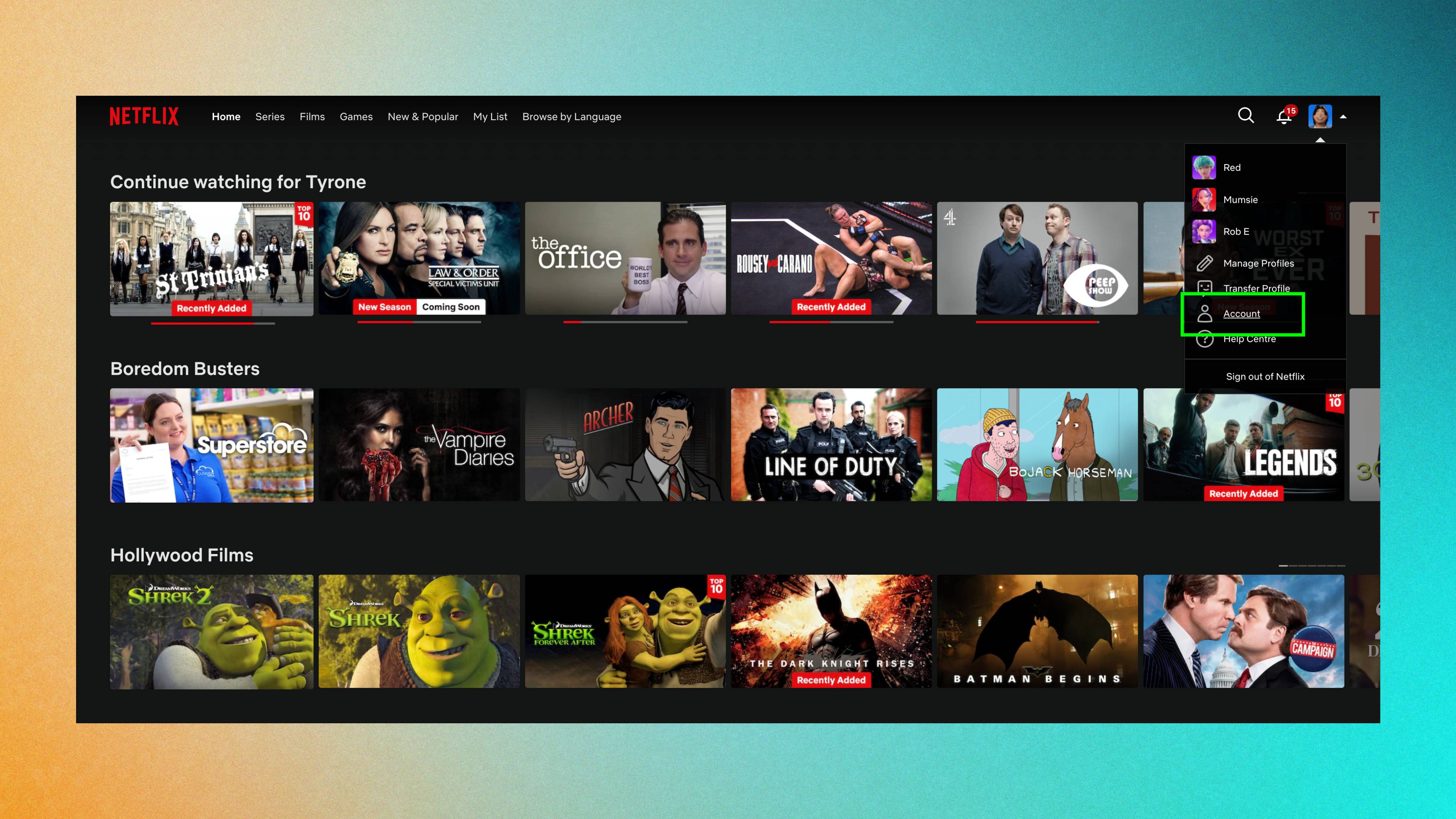 חשבון מודגש בפרופיל Netflix