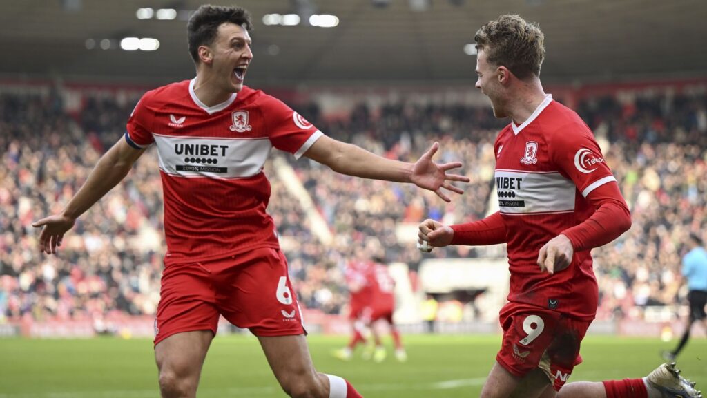 Tommy Conway of Middlesbrough celebrates scoring his team's fourth goal in the Sky Bet Championship match between Middlesbrough and Preston North End at the Riverside Stadium in January 2026