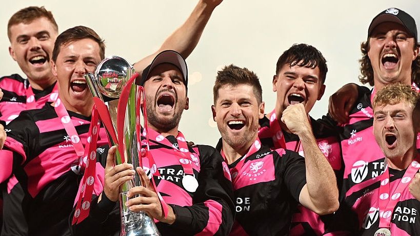 Lewis Gregory of Somerset lifts the Vitality Blast Men's Trophy following the Final match between Somerset and Hampshire at Edgbaston on September 13, 2025 in Birmingham, England.