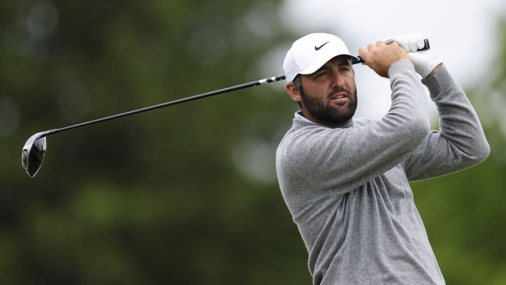 Scottie Scheffler a shot during a practice round prior to the 2026 PGA Championship at Aronimink Golf Club.
