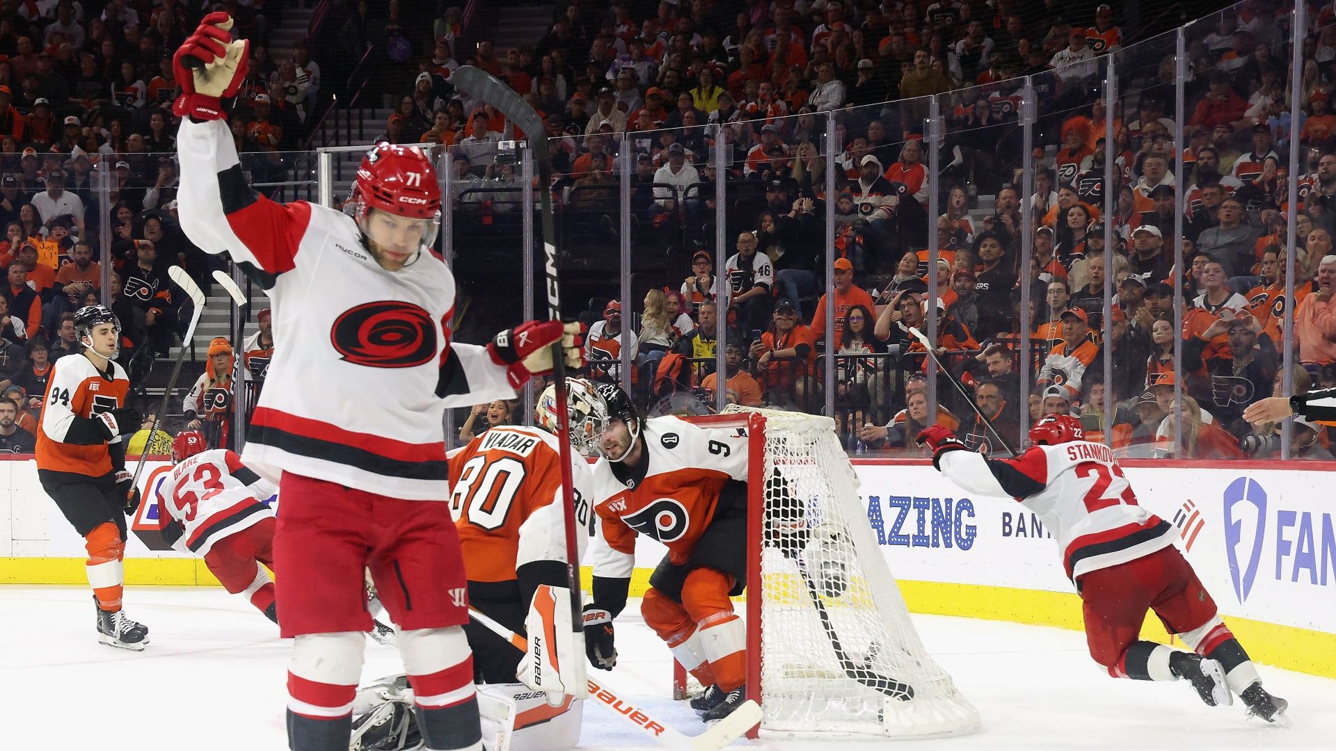 Taylor Hall of the Carolina Hurricanes celebrating during the 2026 Stanley Cup Playoffs