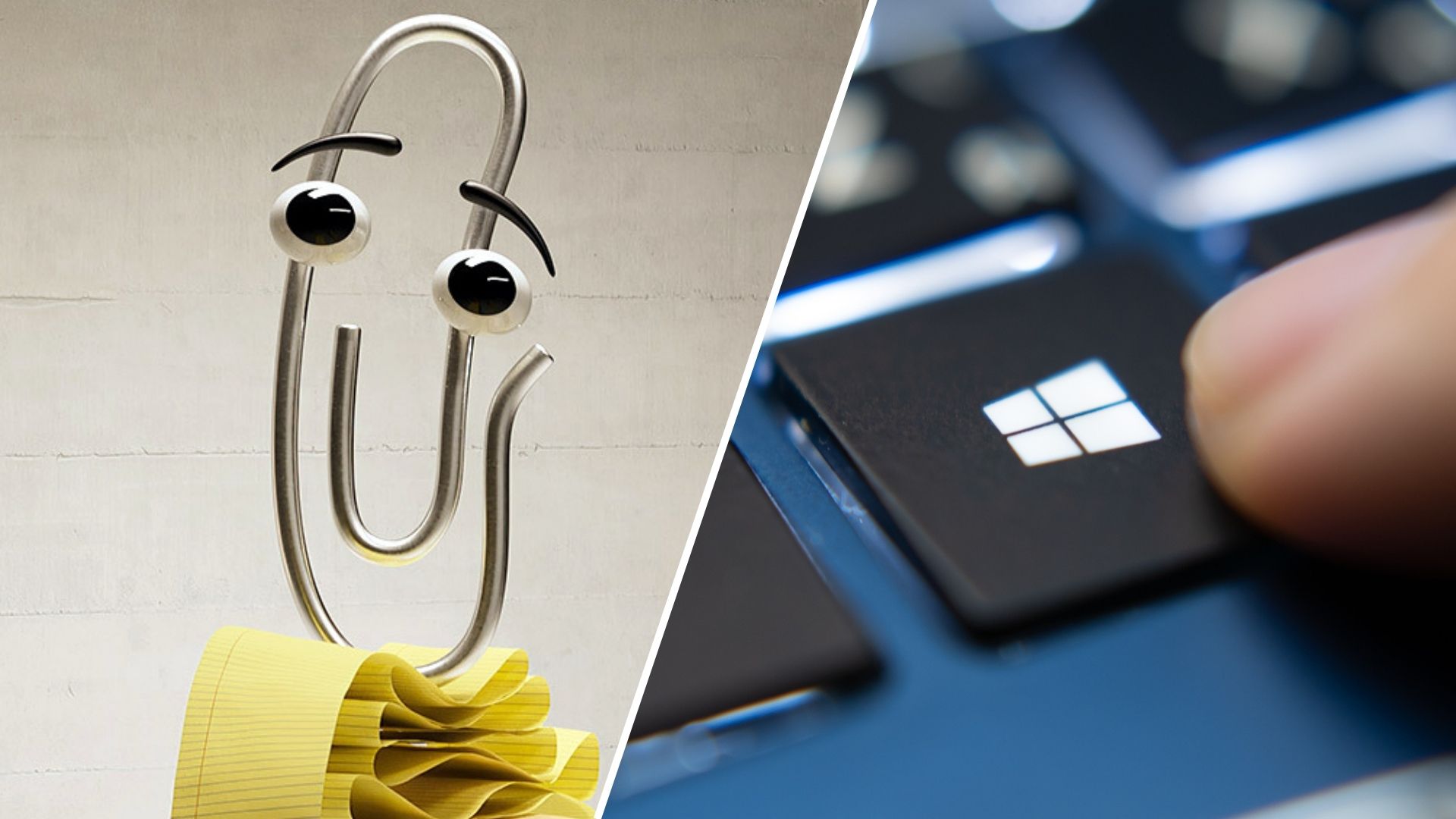 תמונה מפוצלת מציגה את Clippy מ-Windows לצד אדם הלוחץ על מקש Windows במקלדת מחשב