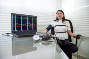 woman in polygraph test with measuring devices to know the truth, scales, hoses and measuring tubes on her body