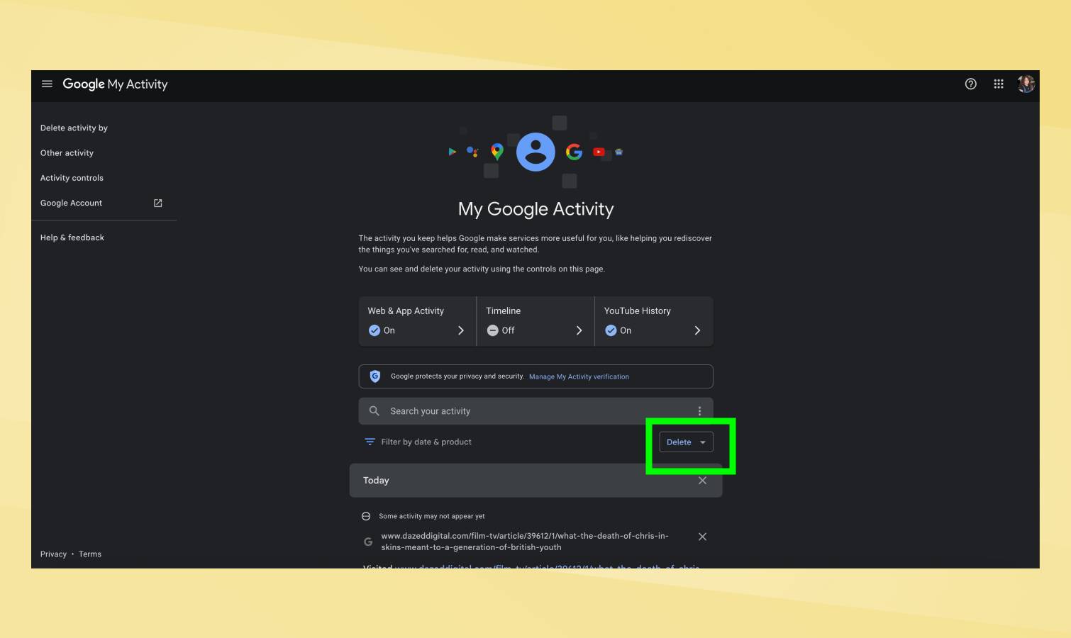 מחק המודגש ב'פעילות Google שלי'