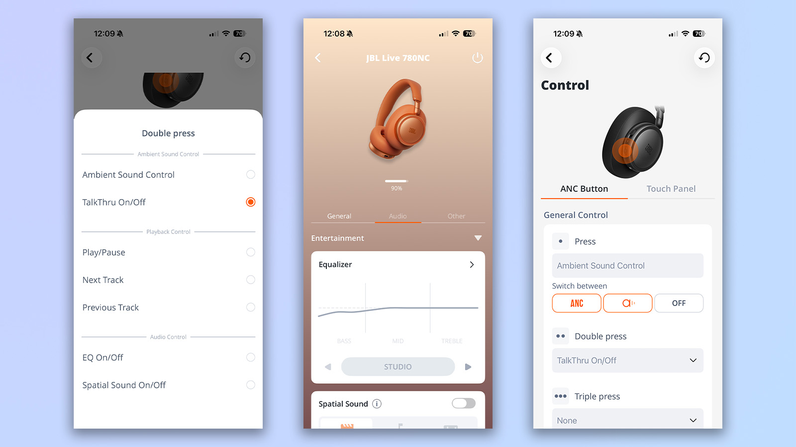 שלושה צילומי מסך מאפליקציית האוזניות של jbl המציגות התאמה אישית עם ה-jbl live 780nc