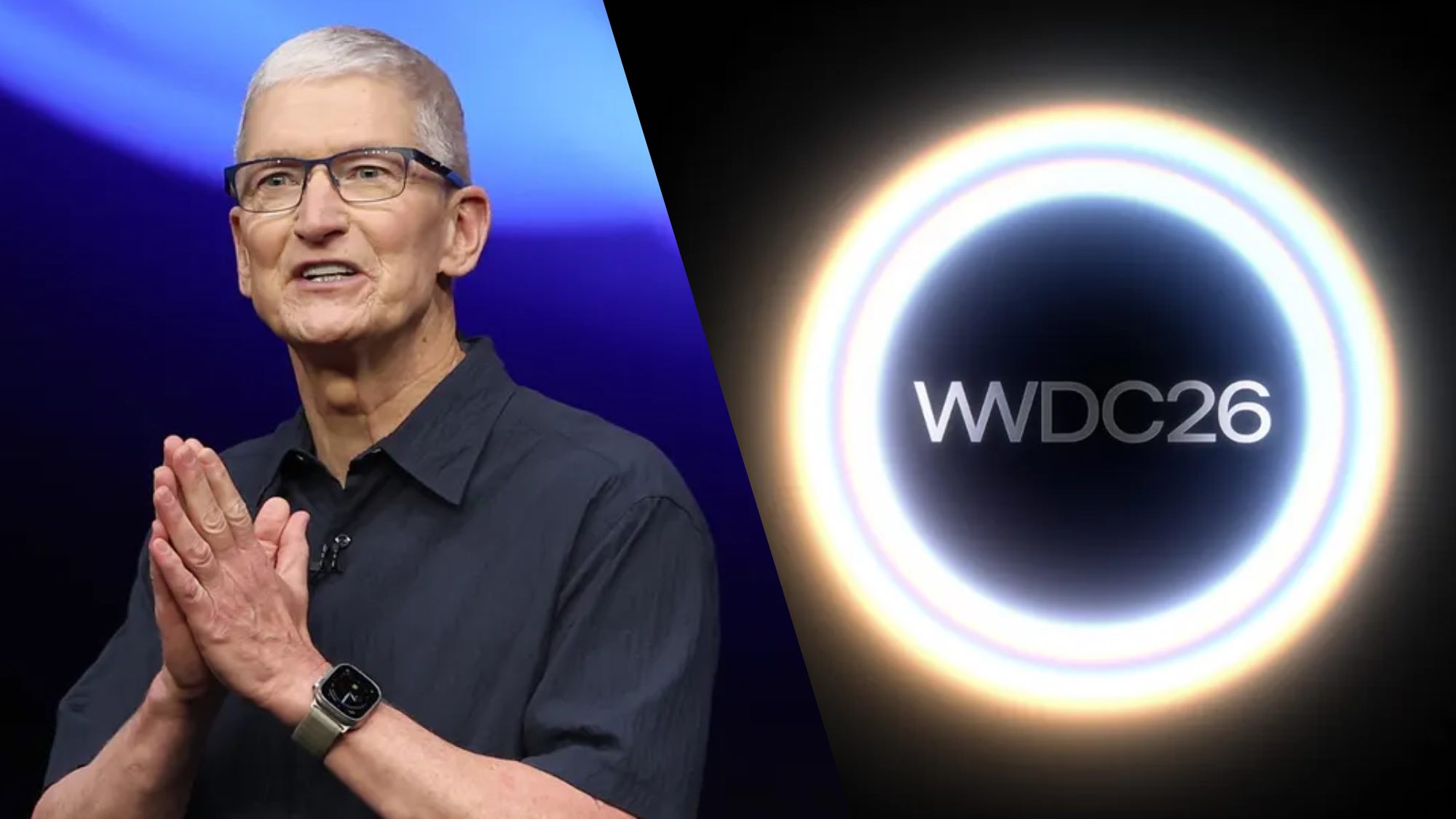 טים קוק ליד תמונת ההזמנה של WWDC 2026
