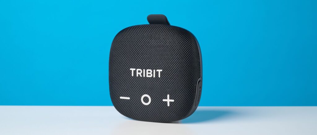 Tribit StormBox Micro 3 in black photographed in front of a blue background