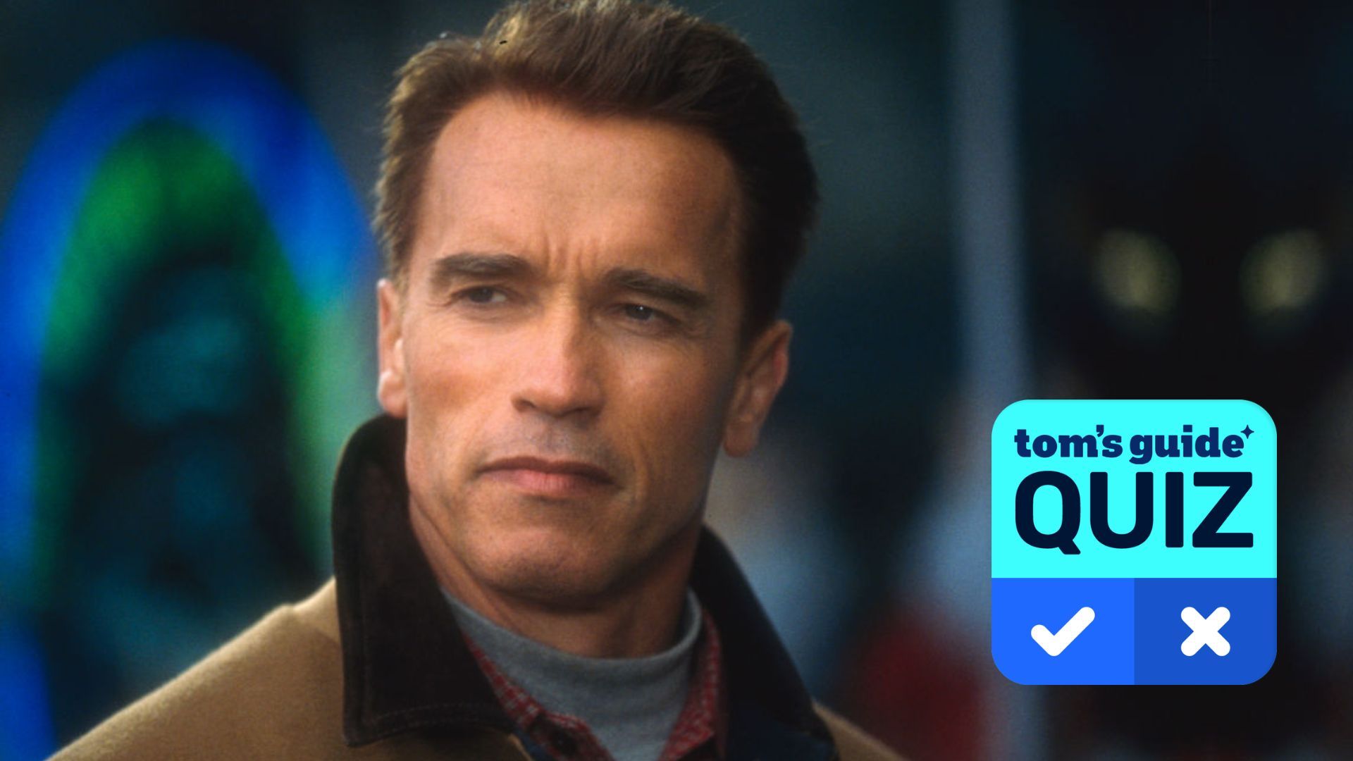 A photo of Arnold Schwarzenegger with Tom's Guide Quiz graphic overlaid