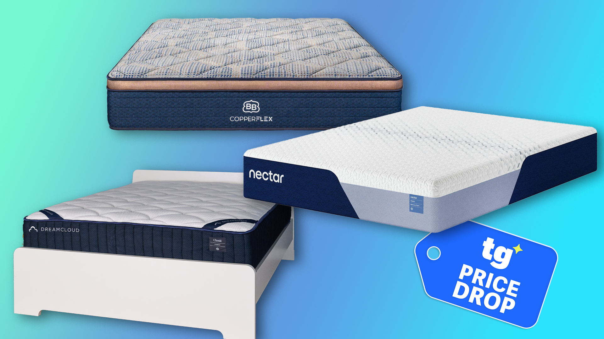 קולאז' של מזרנים מבית ברוקלין מצעים, נקטר ו-DreamCloud עם תג מבצעים של Tom's Guide Price Drop בפינה השמאלית התחתונה