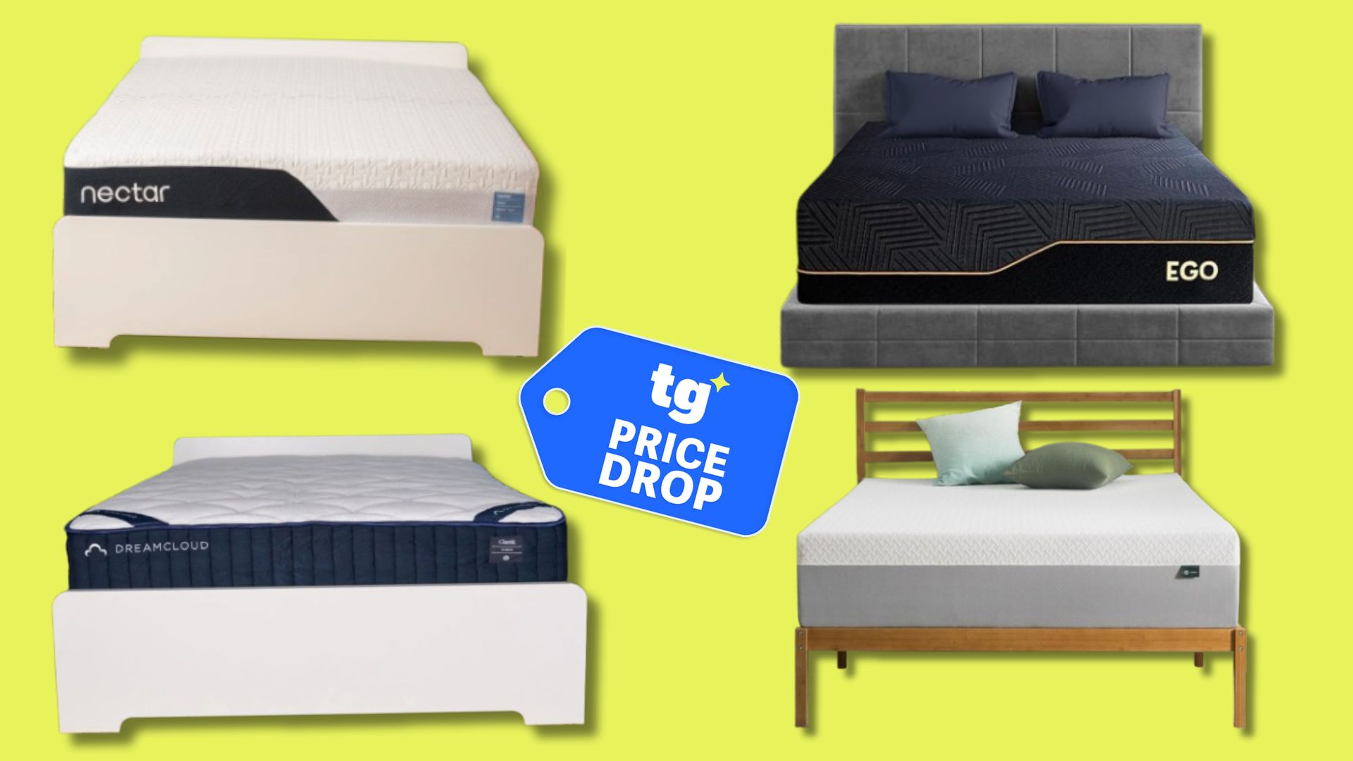 רקע צהוב הכולל מזרני אמזון של המותגים DreamCloud, Nectar, EGOHOME ו-Zinus. בחזית המרכזית, יש תג ירידת מחירים. 