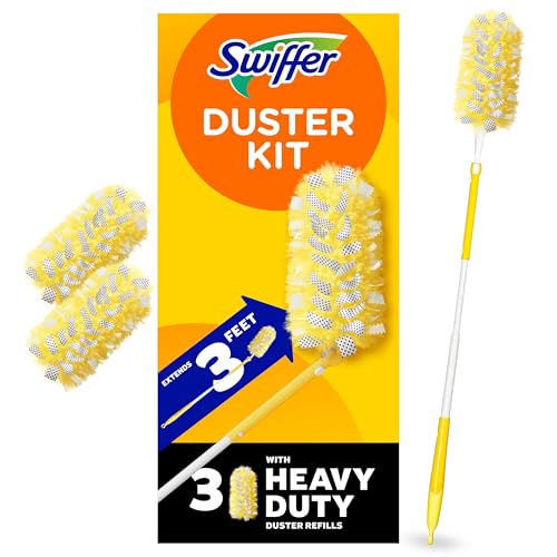 ערכת מריחת אבק של Swiffer עם ידית ניתנת להארכה באורך 3 רגל, ערכת התחלה כבדה לניקוי אבק עם 3 מילוי חוזר, עבור מאווררי תקרה, פתחי אוורור ומקומות שקשה להגיע אליהם