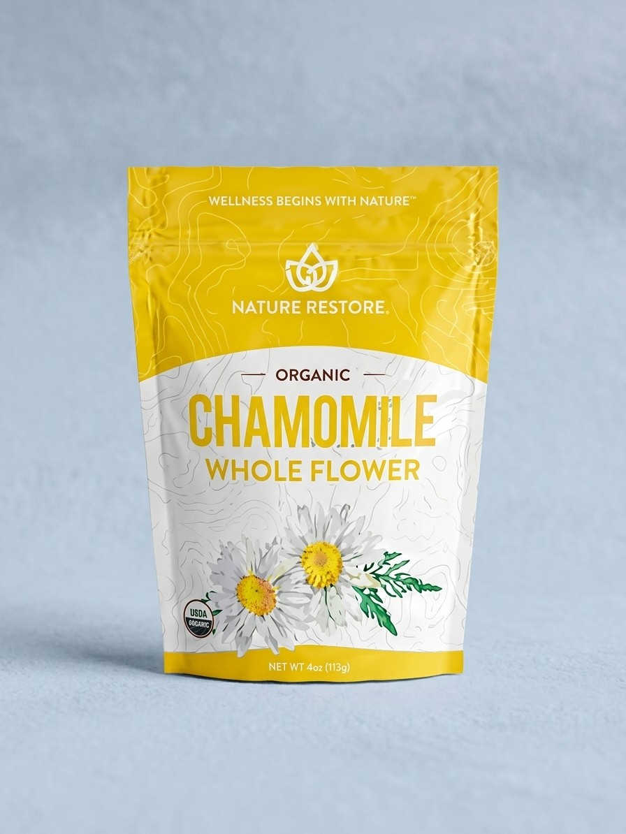חבילה של פרחי קמומיל אורגניים של Nature Restore על רקע כחול בעריכת ג'מיני
